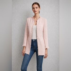 VENUS Size L Soft Pink Women's Tweed Fringe Blazer